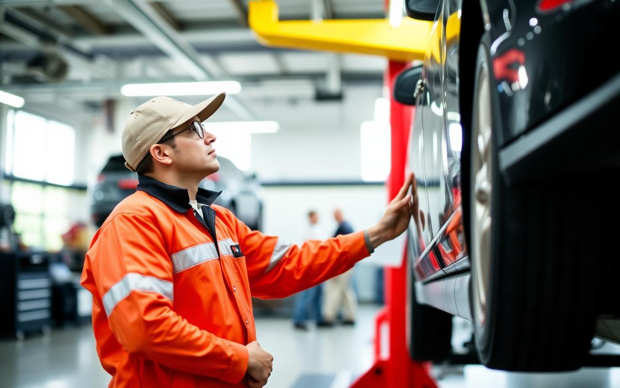 Ford-certified technician inspecting a vehicle in the service bay